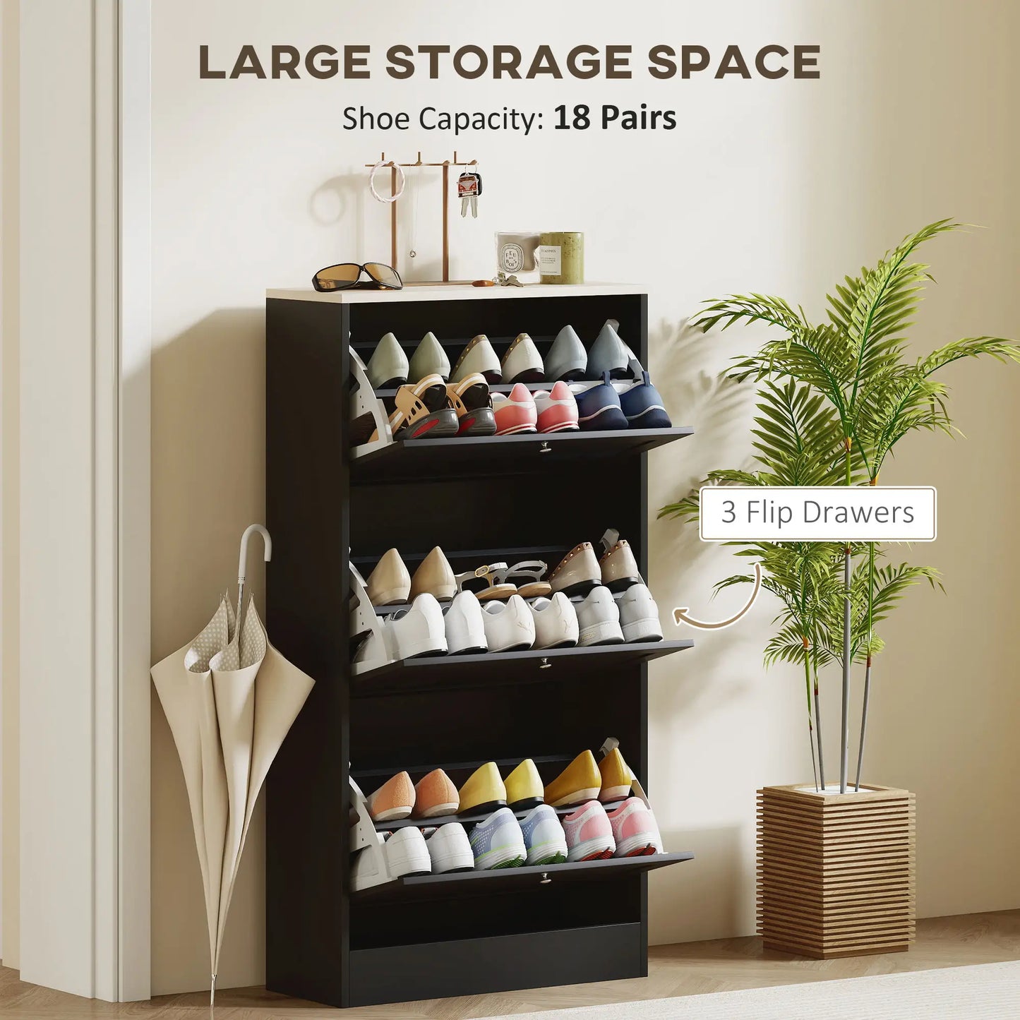 Modern Shoe Storage, 3 Flip Drawers, Adjustable Shelves, 18 Pairs, Black Shoe Storage Cabinets & Racks at Gallery Canada