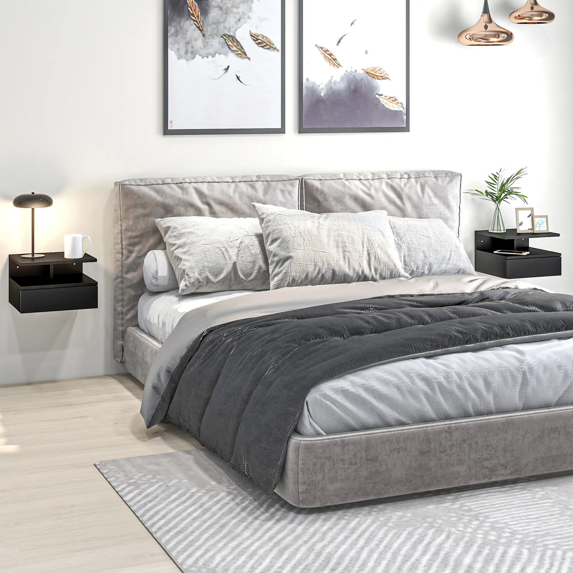 Floating Nightstand Set of 2, Wall Mounted with Drawer and Shelf, Black Bedside Tables at Gallery Canada