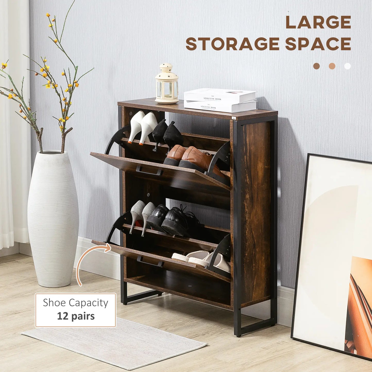 Shoe Cabinet, 2 Flip Doors, 2 Drawers, Divider, Holds 12 Pairs, Rustic Brown Shoe Storage Cabinets & Racks at Gallery Canada