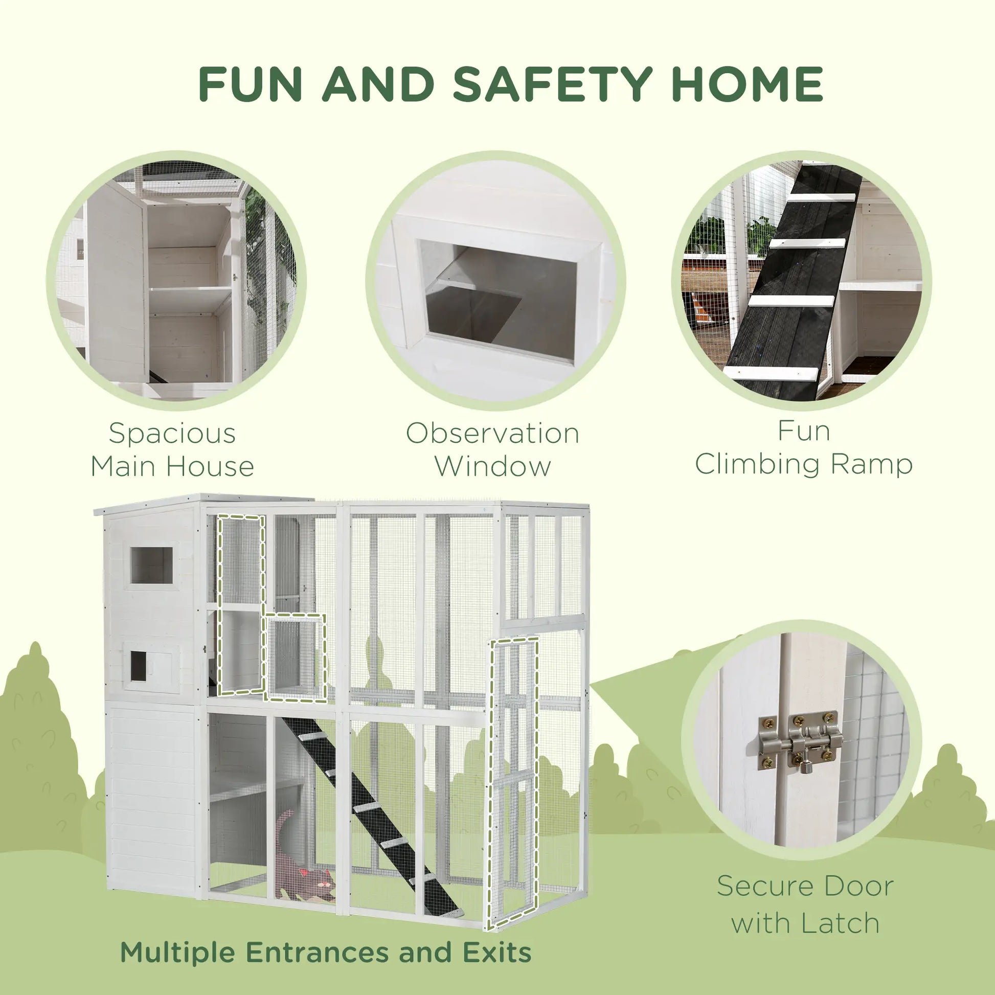 68.7" H Large Wooden Outdoor Cat House with Run, Catio, Condo, White Outdoor Cat Enclosures at Gallery Canada