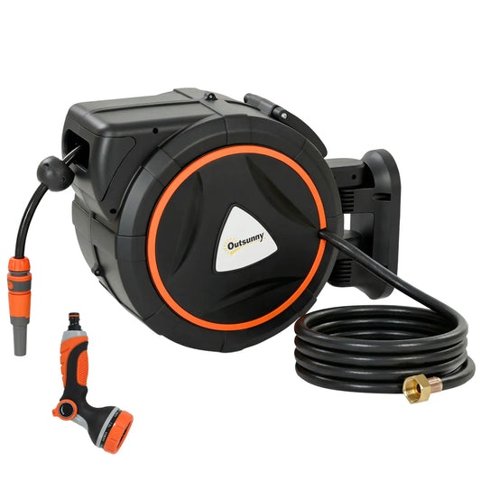 Retractable Garden Hose Reel, 1/2"x75.5ft Wall Mounted Hose Reel with 12-Pattern Nozzles, Auto Retraction, Self-Locking Garden Accessories Orange at Gallery Canada
