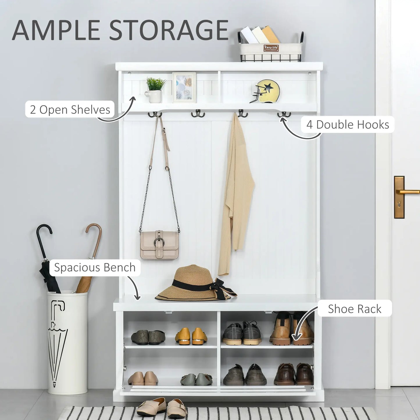 Modern Hall Tree, Coat Rack With Shoe Storage Bench, 3-in-1 Wardrobe, White Clothing Storage at Gallery Canada