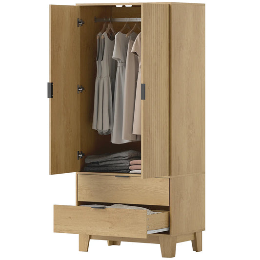 Modern Wardrobe Closet, Freestanding Armoire, 2 Drawers, Hanging Rod, Natural