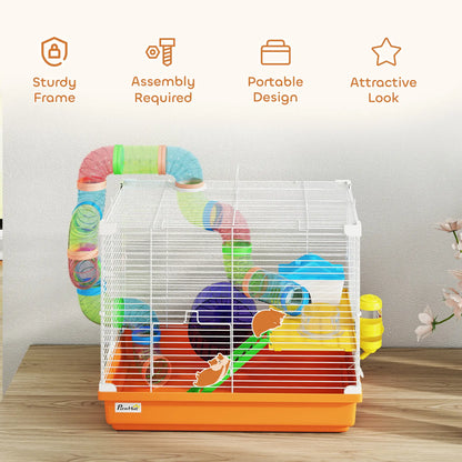 18"L Hamster Cage, 2-Level Small Animal House With Tube System, Orange