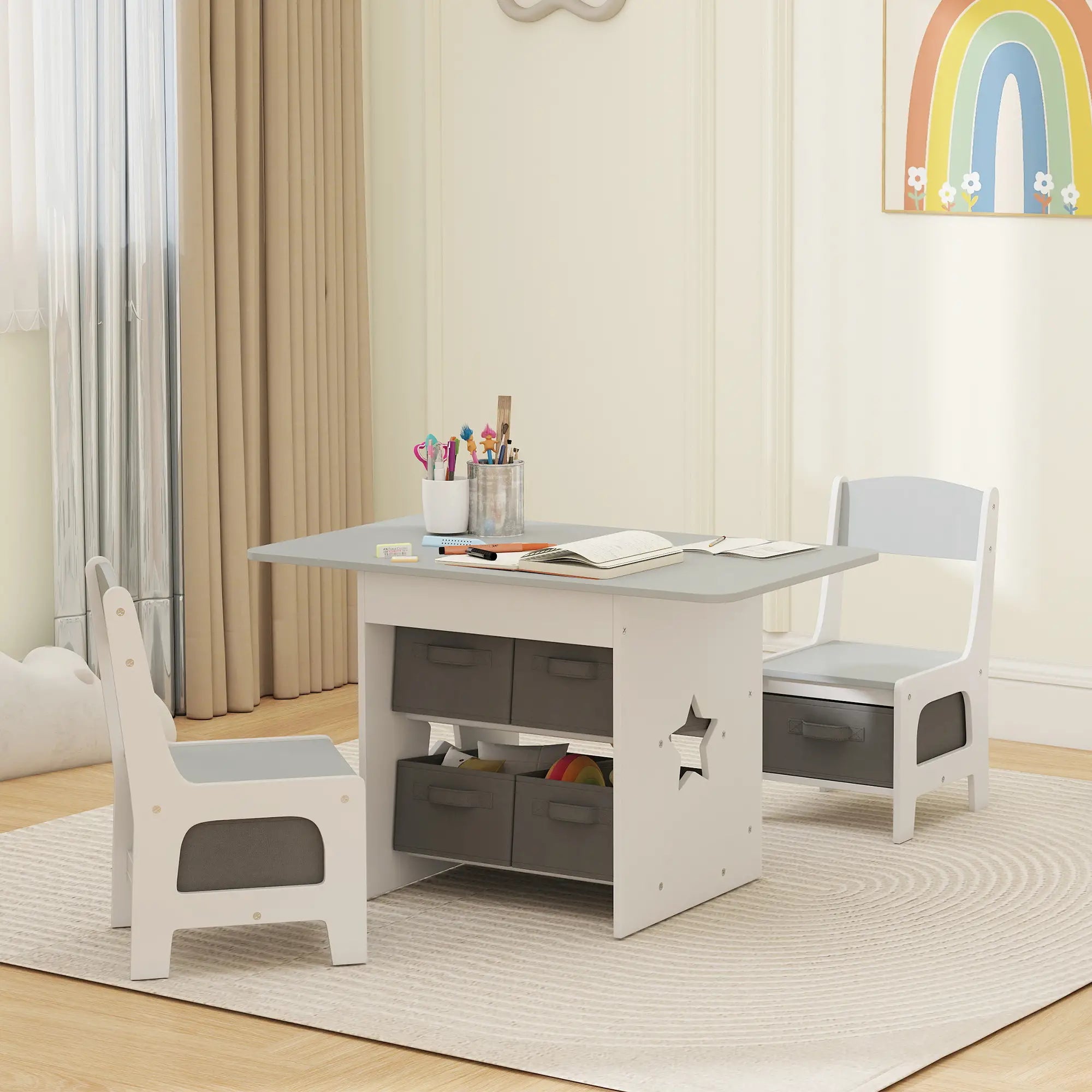 3 Piece Kids Table and Chair Set, 6 Removable Drawers, Light Grey Kids Table Sets at Gallery Canada
