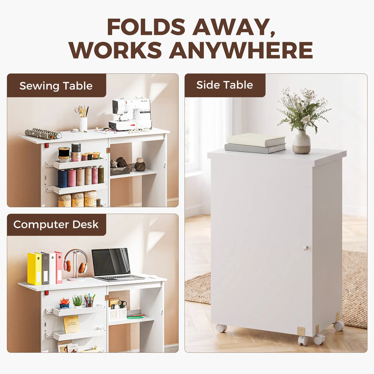 Folding Sewing Table with Storage, Lockable Wheels, White Storage Cabinets at Gallery Canada