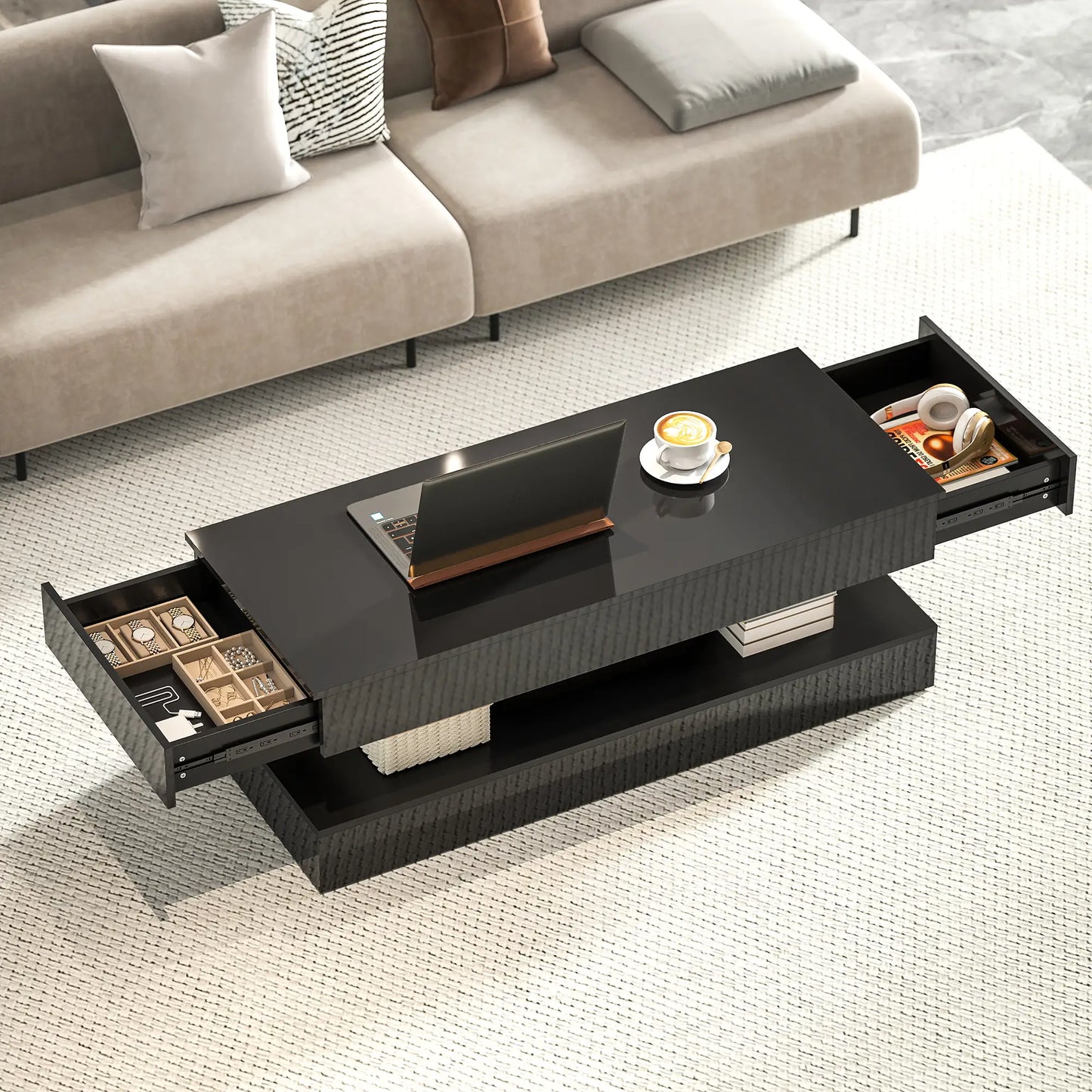 Adjustable LED Coffee Table, Modern Living Room Table, 2 Drawers, Open Shelf, Remote, High Gloss Black Coffee Tables at Gallery Canada