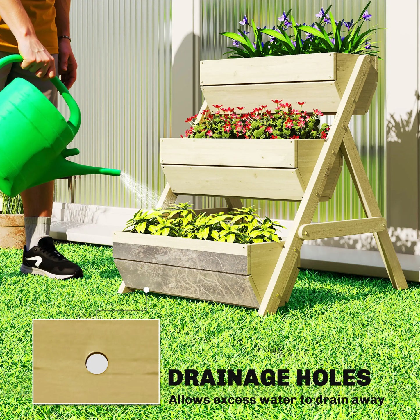 3 Tier Elevated Planter Box, Wooden Raised Garden Bed, 26" x 30" x 30", Green Elevated Garden Beds at Gallery Canada