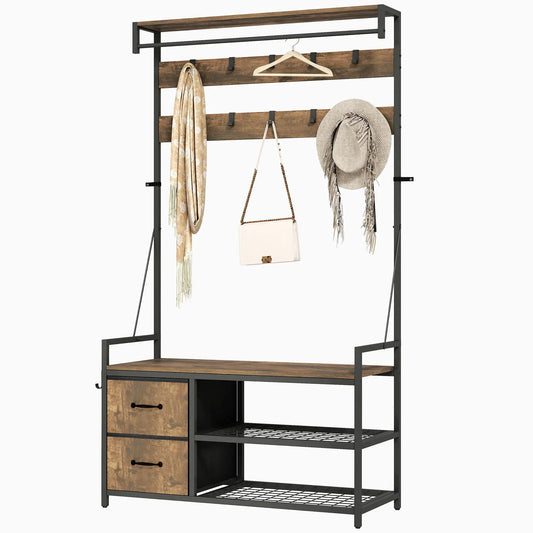 6-In-1 Hall Tree, Bench with Shoe Storage, 10 Hooks, 2 Fabric Drawers, Rustic Brown Clothing Storage Rustic Brown, Matte Black at Gallery Canada