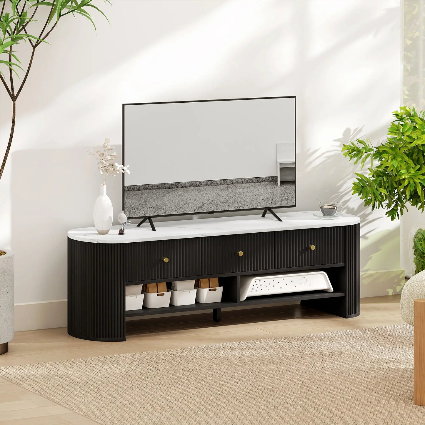 Modern TV Stand, Marble-Effect Top, 3 Drawers, 2 Shelves, 32-65 Inch, Black TV Stands at Gallery Canada