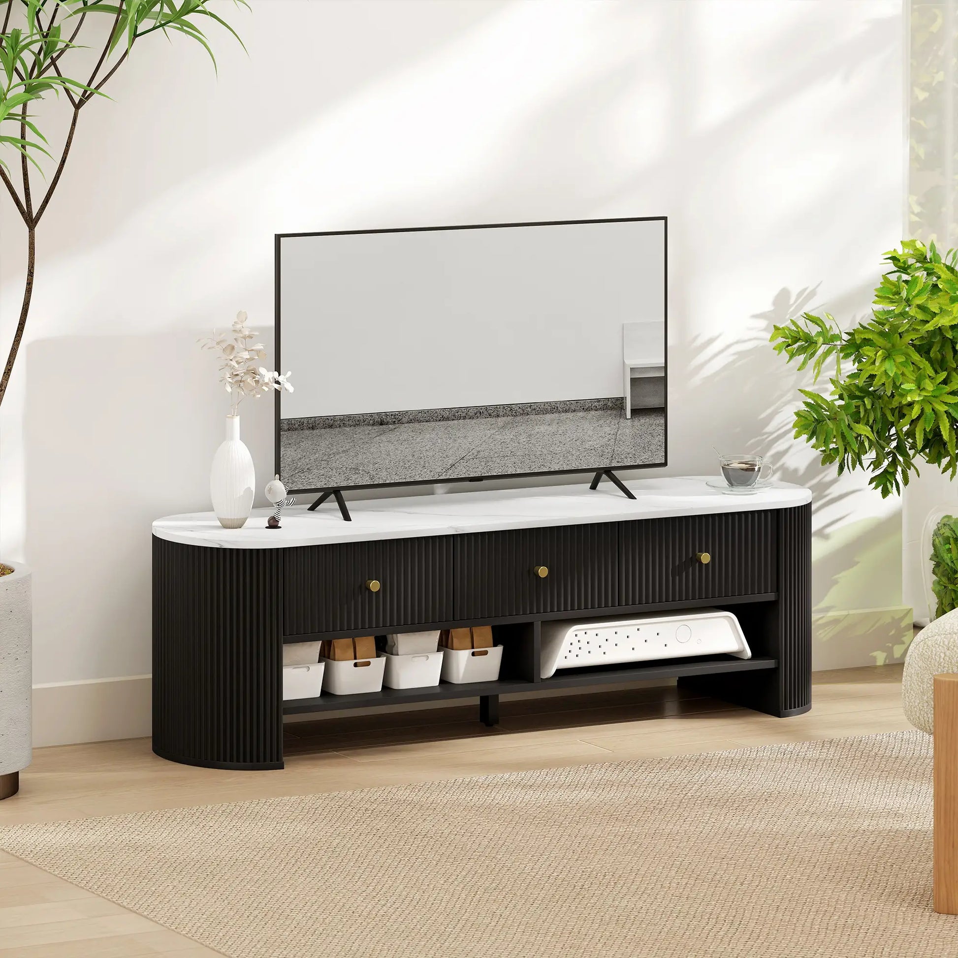 Modern TV Stand, Marble-Effect Top, 3 Drawers, 2 Shelves, 32-65 Inch, Black TV Stands at Gallery Canada