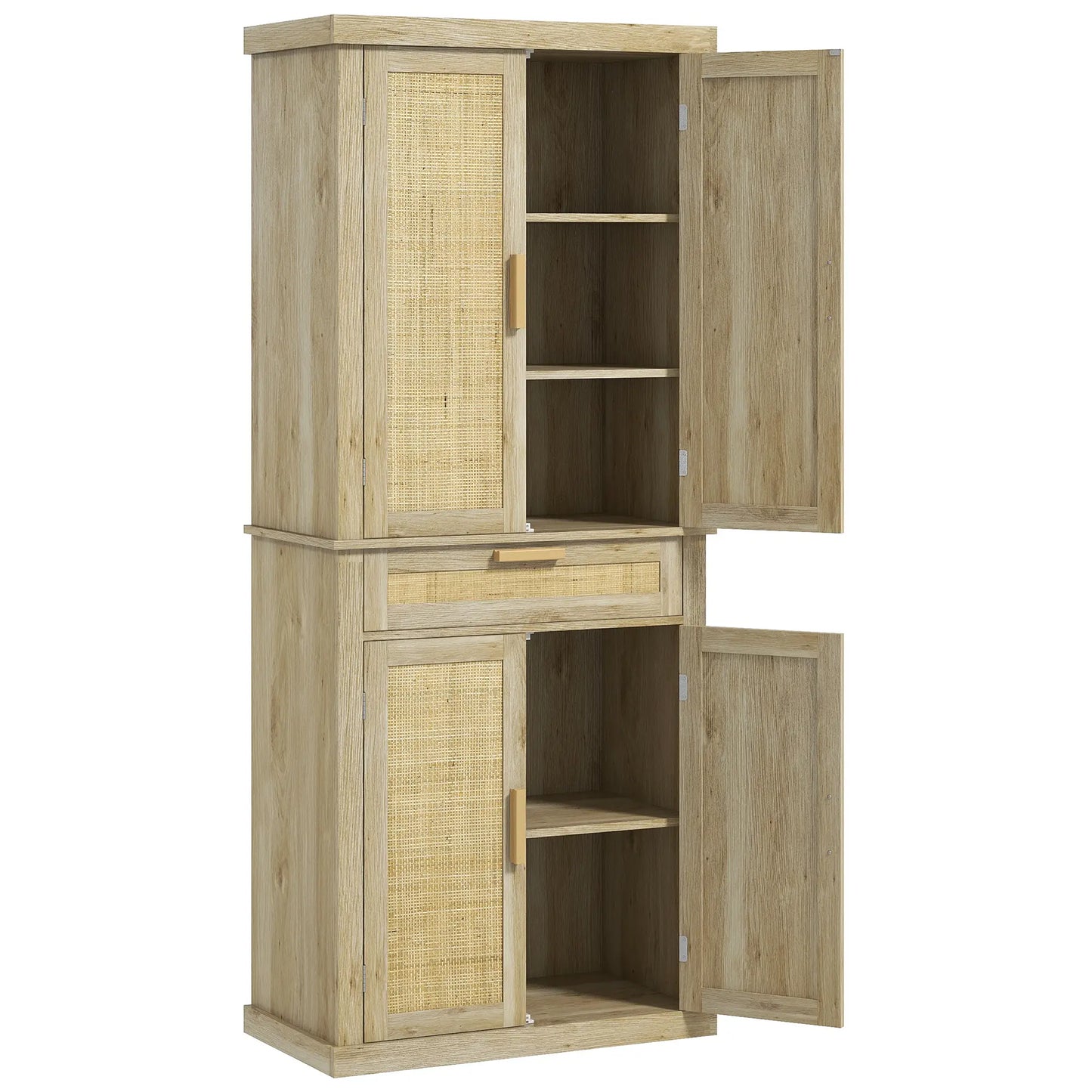 72" Kitchen Storage Cabinet, Rattan Pantry, 4 Doors, Drawer, 5-Tier Shelf, Oak Kitchen Pantry Cabinets Oak at Gallery Canada