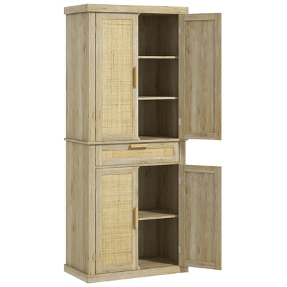 72" Kitchen Storage Cabinet, Rattan Pantry, 4 Doors, Drawer, 5-Tier Shelf, Oak Kitchen Pantry Cabinets Oak at Gallery Canada