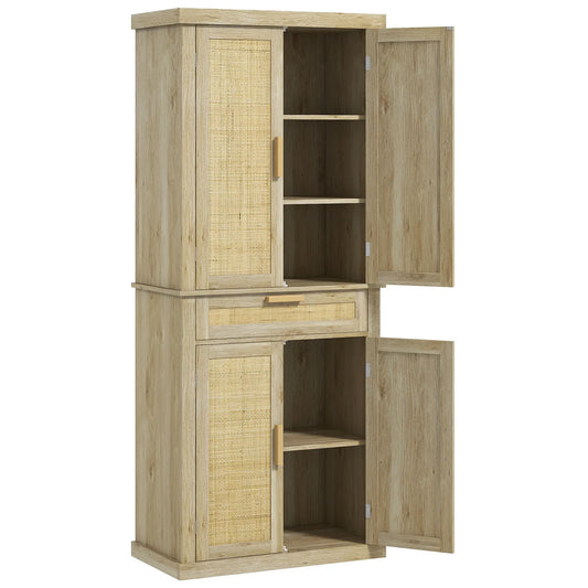 72" Kitchen Storage Cabinet, Rattan Pantry, 4 Doors, Drawer, 5-Tier Shelf, Oak Kitchen Pantry Cabinets Oak at Gallery Canada
