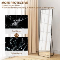 Miroir pleine longueur 64"x20", verre trempé, avec support, noir