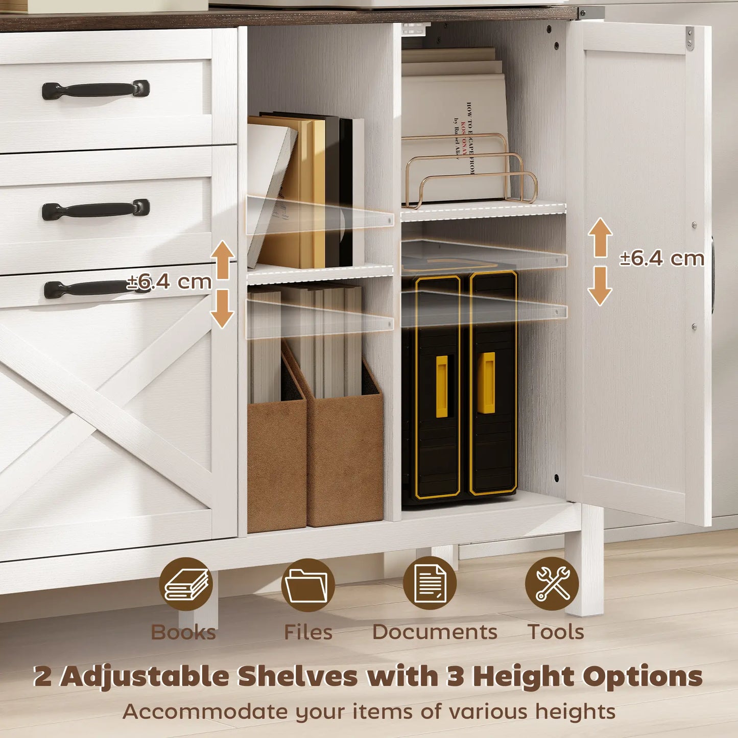 Lateral Filing Cabinet With Drawers, Shelves, Adjustable Hanging Bar, White