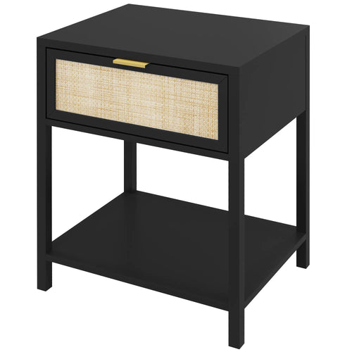 Boho Nightstand, Rattan Drawer, Open Shelf, Bedside Table, Black
