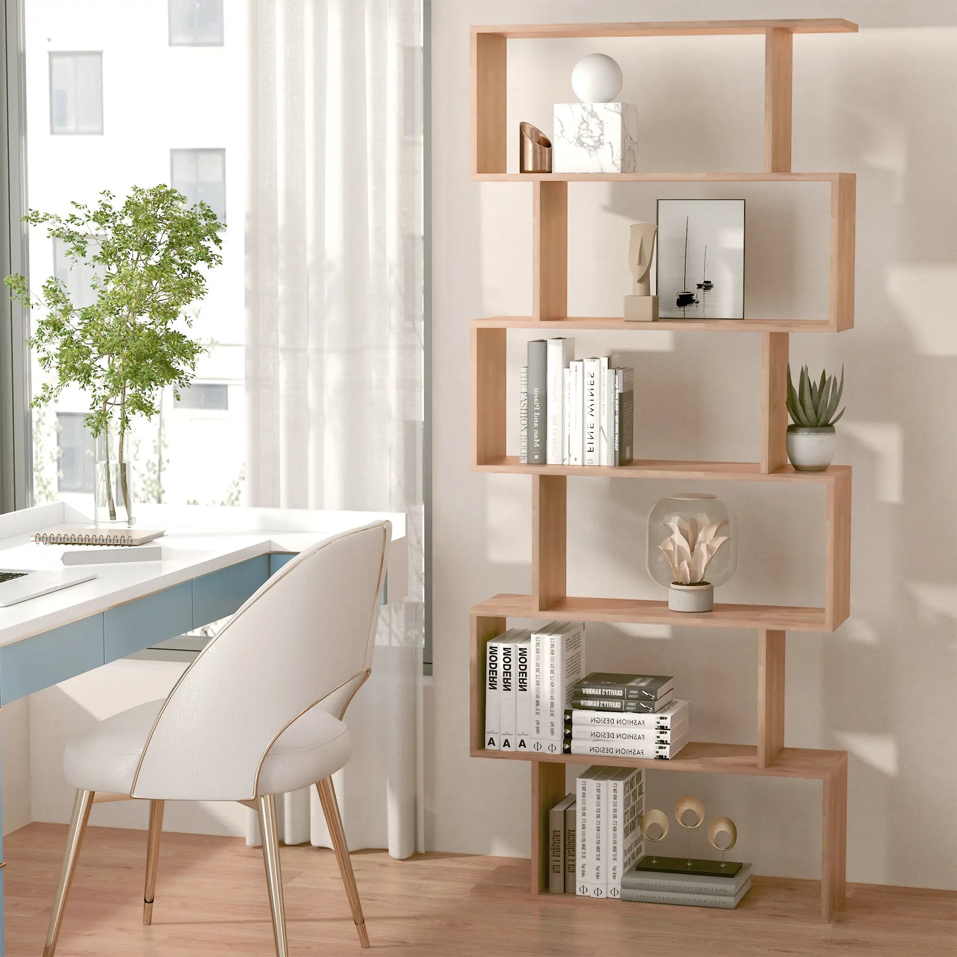 76" 6-Tier Geometric Wooden Bookcase, S Shaped Storage Display, Maple Display Bookshelves at Gallery Canada
