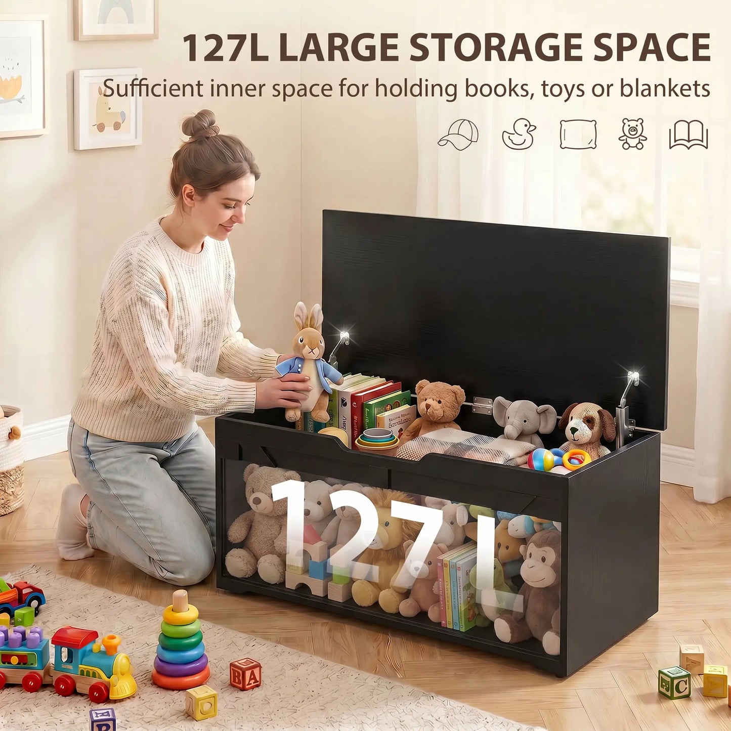 39.4 In Storage Chest With 2 Safety Hinges, White Wood Grain, White