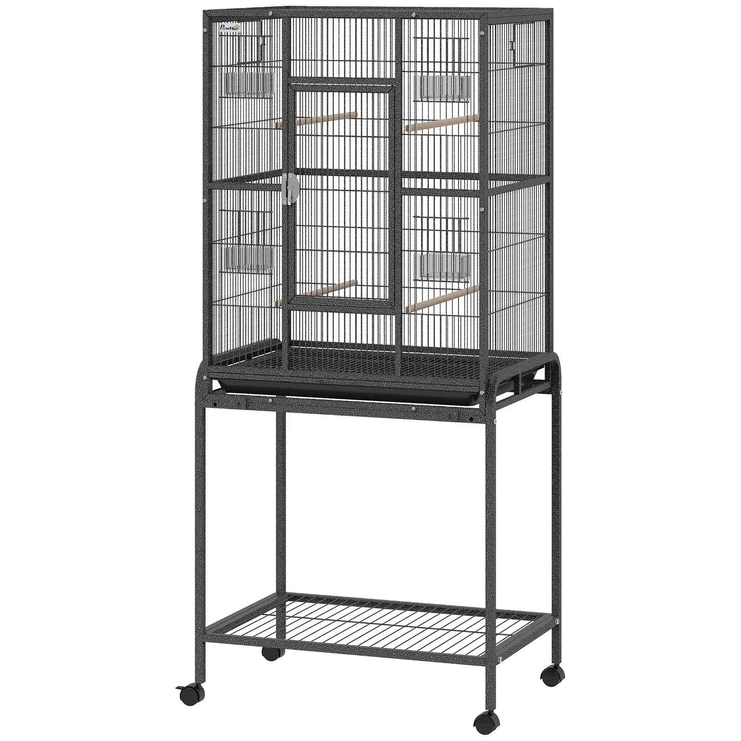 56"H Bird Cage, Parrot Cage w/ Detachable Rolling Stand, Removable Tray, Storage Shelf, Perches, Food Container Bird Cages Black at Gallery Canada