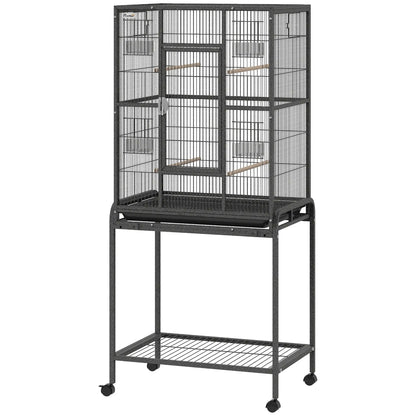 56"H Bird Cage, Parrot Cage w/ Detachable Rolling Stand, Removable Tray, Storage Shelf, Perches, Food Container Bird Cages Black at Gallery Canada