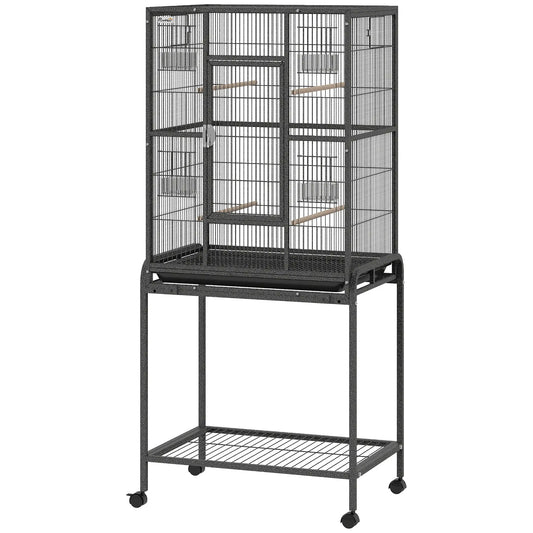 56"H Bird Cage, Parrot Cage w/ Detachable Rolling Stand, Removable Tray, Storage Shelf, Perches, Food Container Bird Cages Black at Gallery Canada