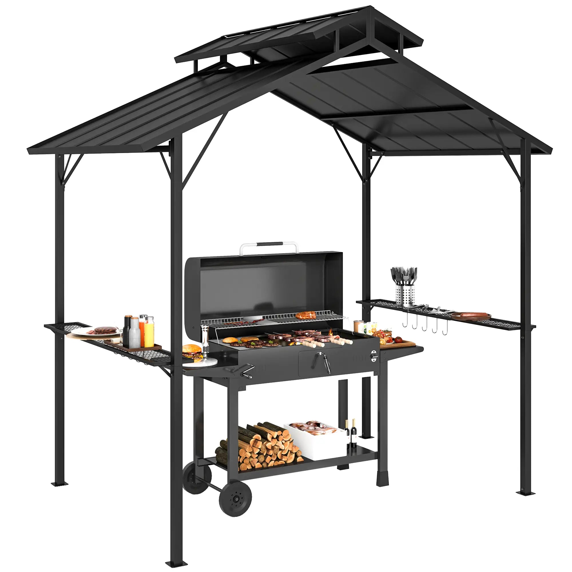 8 x 5ft Hardtop Grill Gazebo, Double Metal Roof, 2 Side Shelves, 10 Hooks BBQ Grill Gazebos at Gallery Canada