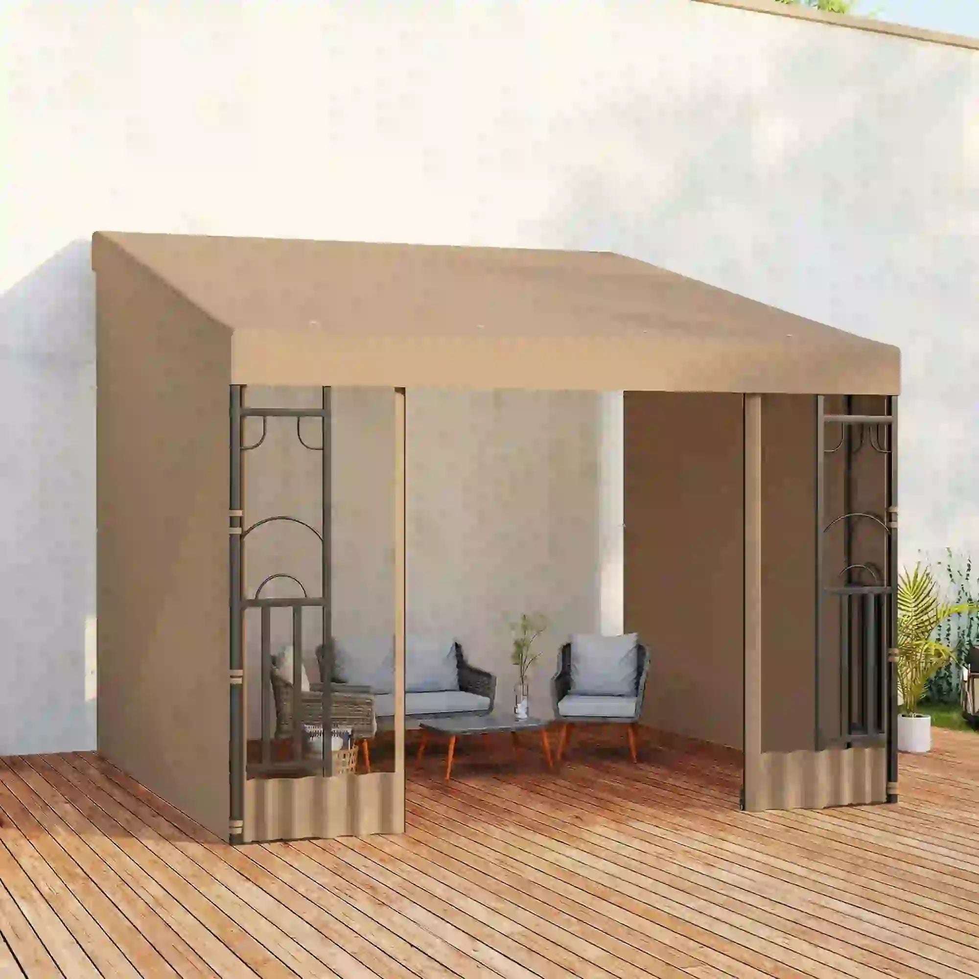 10' x 10' Wall Pergola, With Curtains and Nettings, Khaki Pergolas at Gallery Canada