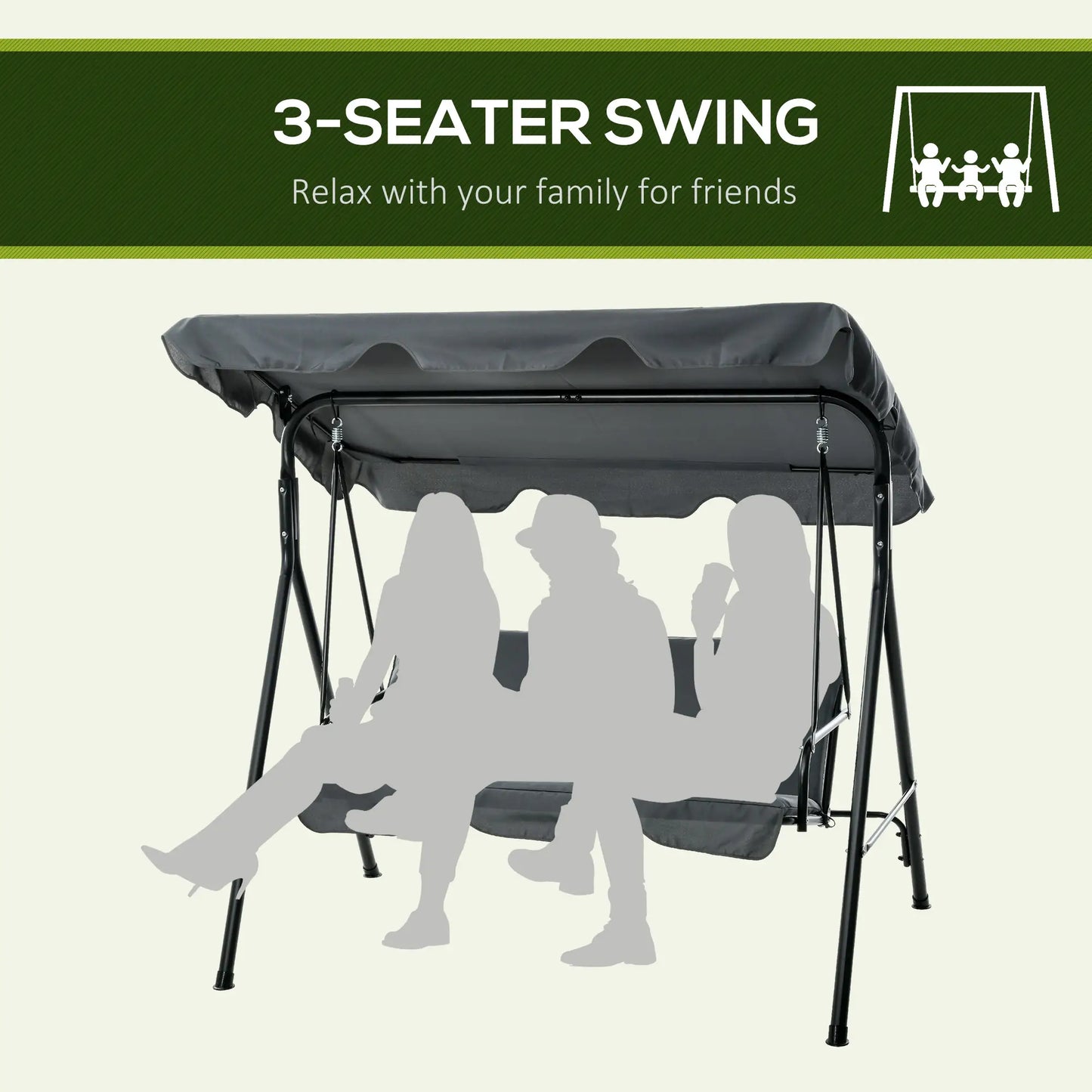 3-Seater Outdoor Porch Swing, Adjustable Canopy, Grey Porch Swings with Canopy at Gallery Canada