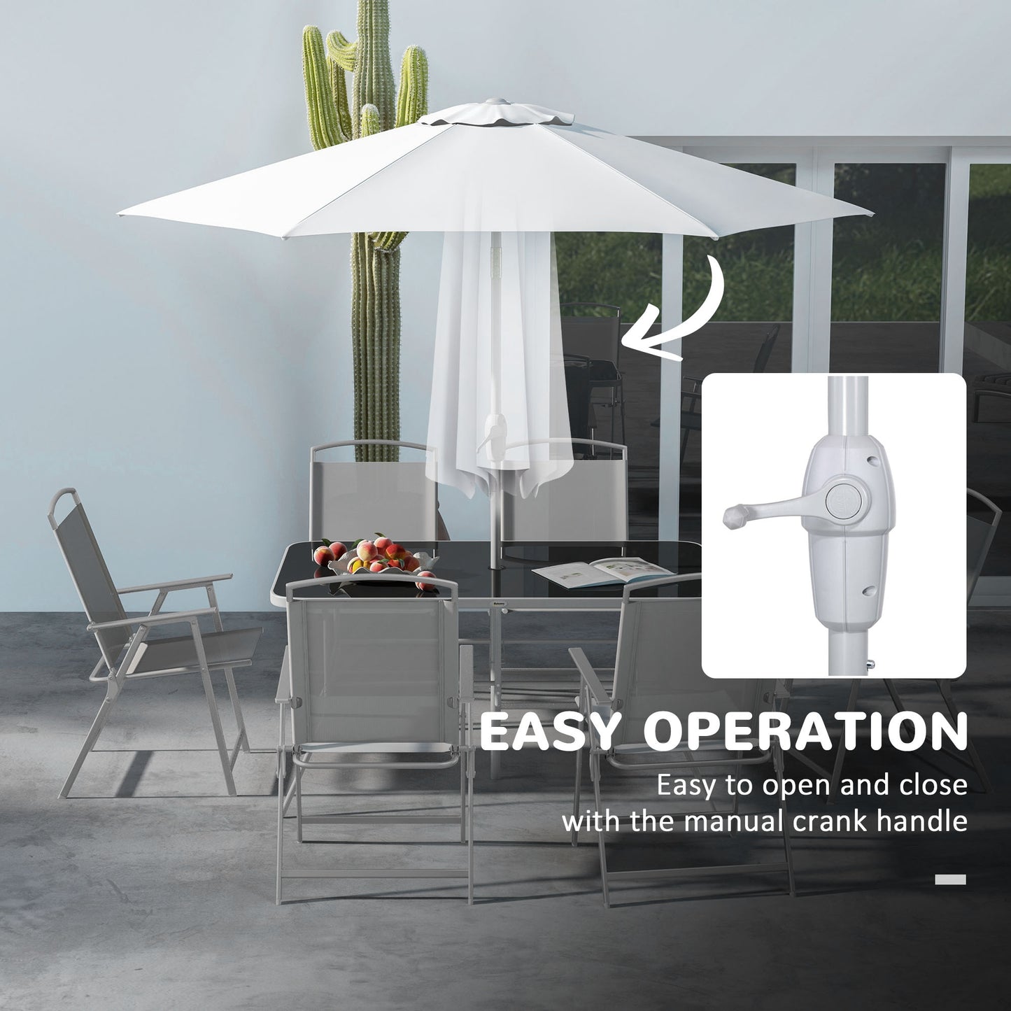 8 Piece Patio Set with Umbrella, 6 Folding Chairs, Rectangle Table, Outdoor Dining Set for 6 with Mesh Seat, Grey - Gallery Canada