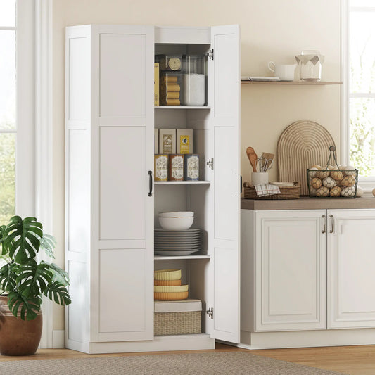 Farmhouse Pantry Cabinet, 71" Tall, Adjustable Shelves, Soft-Close Hinges, White Kitchen Pantry Cabinets White at Gallery Canada