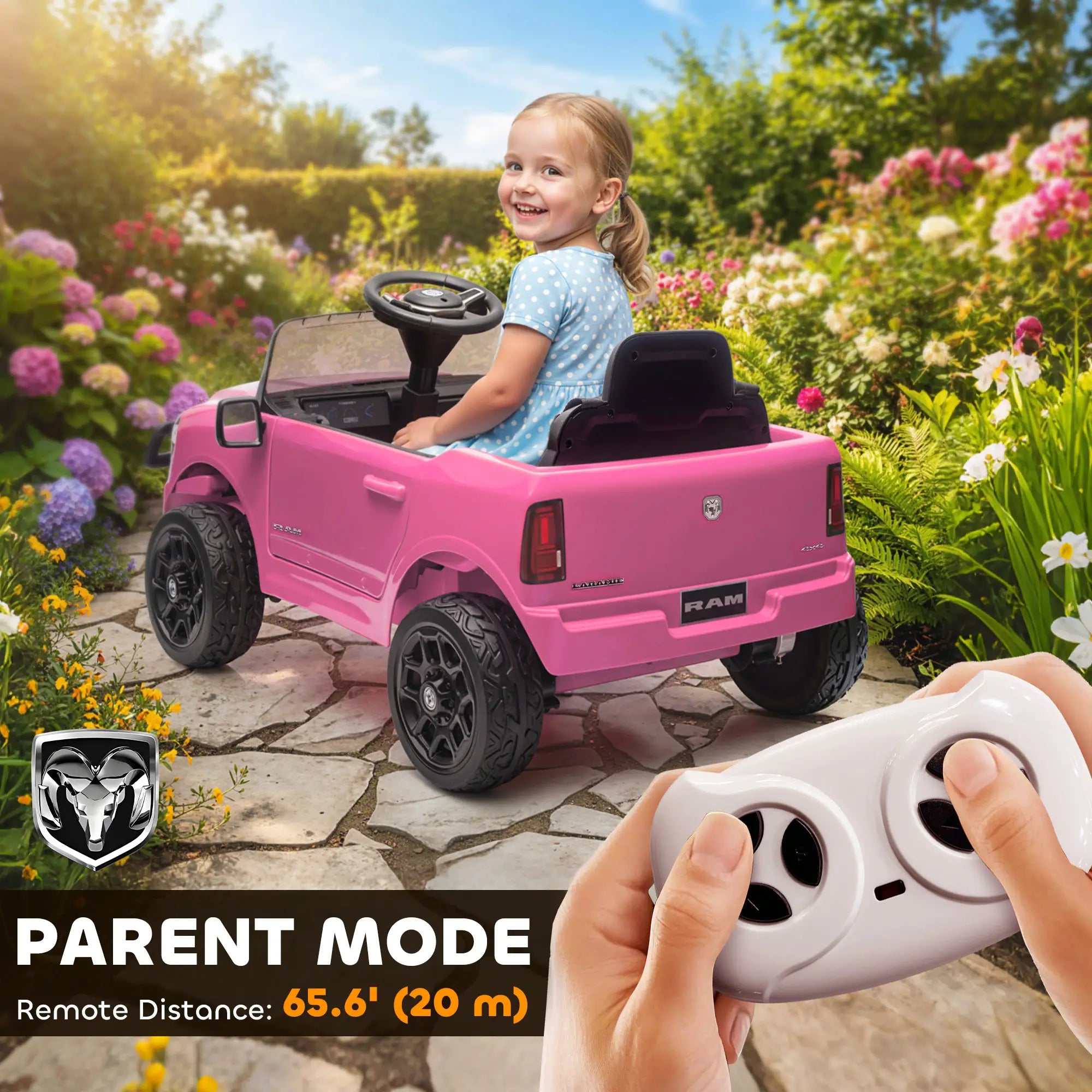 12V Ride On Car, Dodge RAM 3500, Remote Control, Pink Electric Toy Cars at Gallery Canada