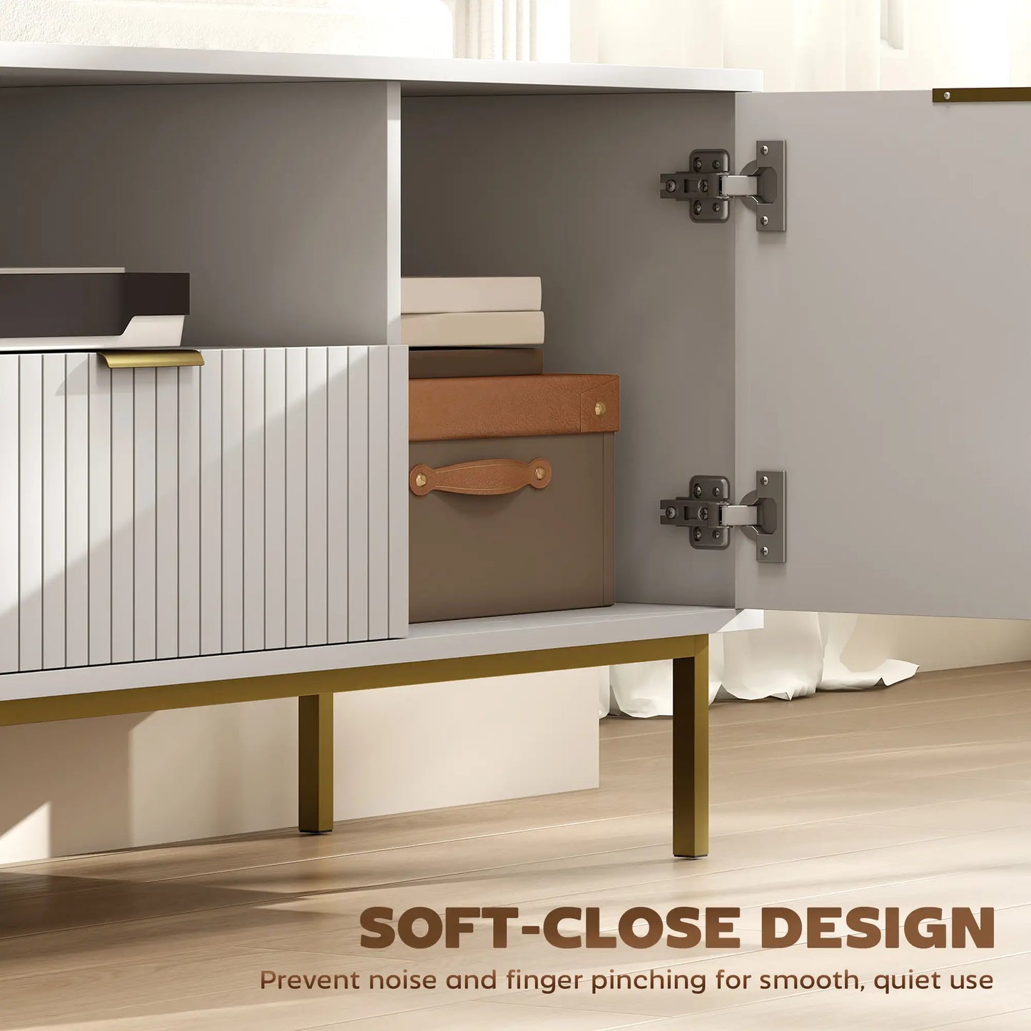 TV Console For 50 Inch TVs, Smart RGB LED Lights, Soft Close Doors, White TV Stands at Gallery Canada