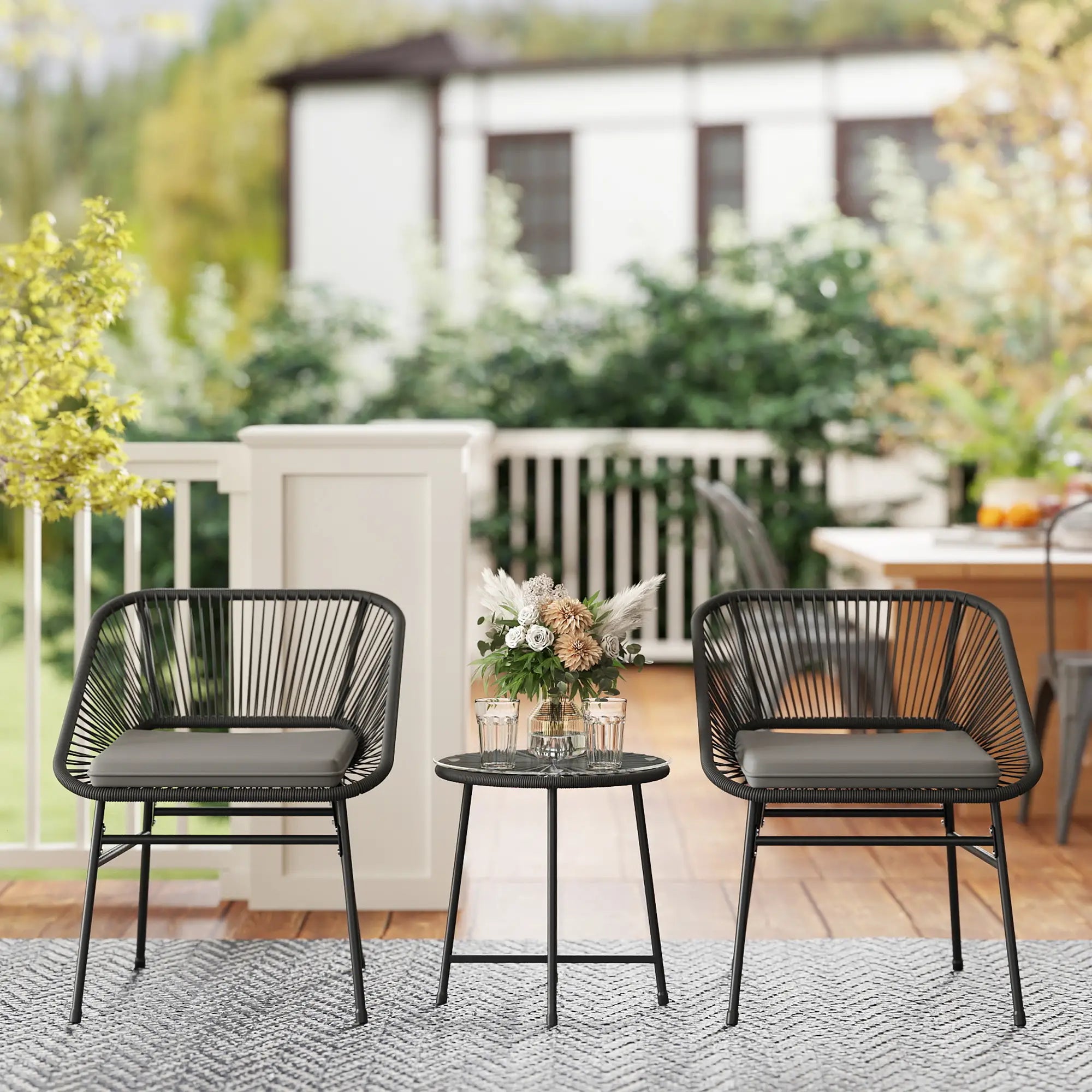 3 Piece Bistro Set, Wicker Patio Furniture, Glass Top Table, Black Bistro Sets at Gallery Canada