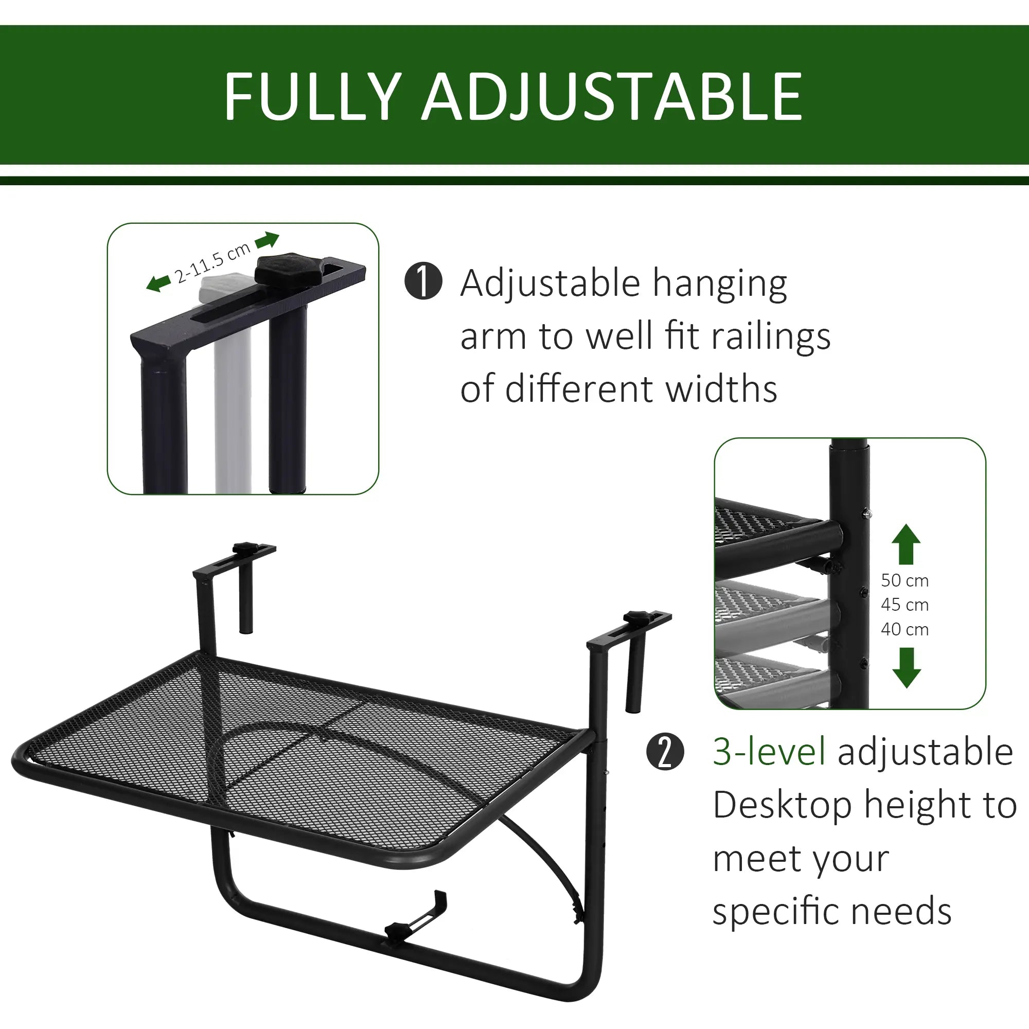 Adjustable Balcony Hanging Table, Metal Wall Desk, Outdoor Flower Stand, Black Balcony Table Hanging at Gallery Canada