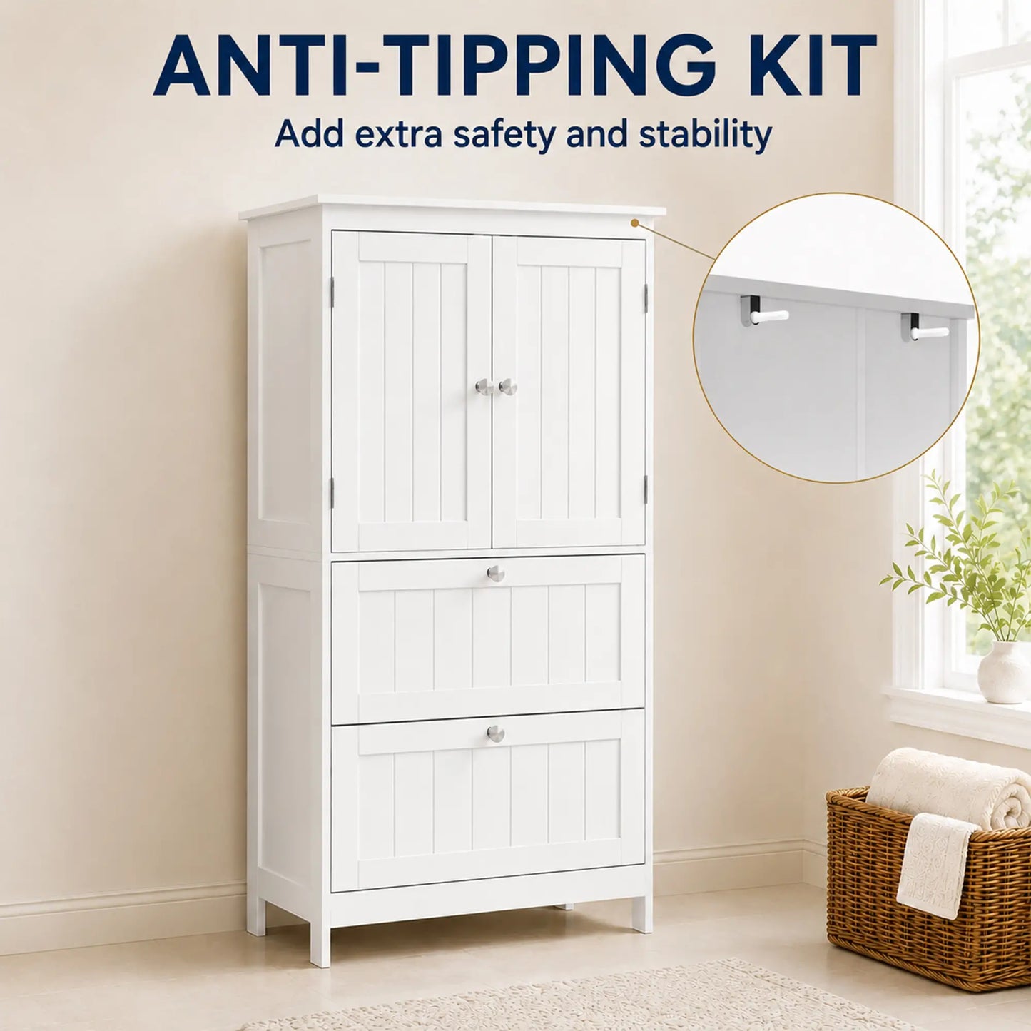 Narrow Bathroom Cabinet, 2 Drawers, Adjustable Shelf, White