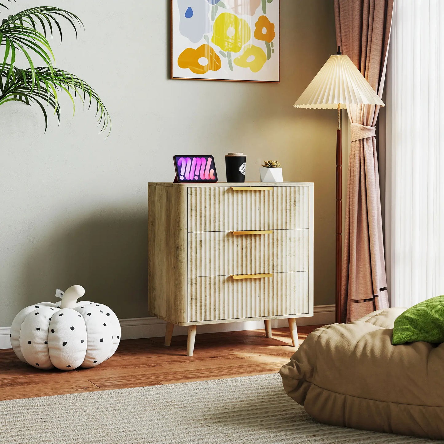 Fluted Chest of Drawers, Modern 3 Drawer Dresser with Pine Wood Legs, Oak Storage Cabinets at Gallery Canada