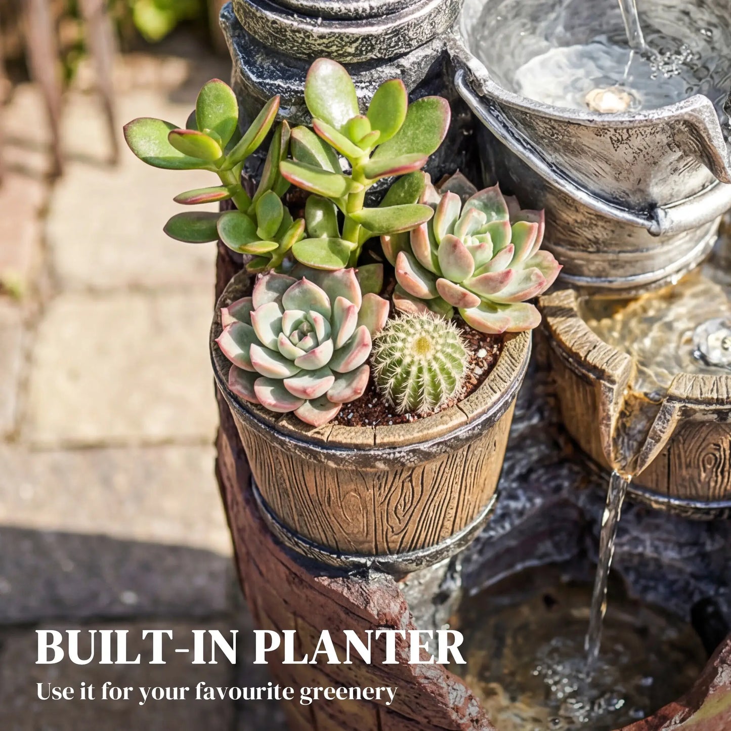 4-Tier Outdoor Fountain With Planter, Cascading Waterfall, LED Lights, Rustic Brown And Grey Water Fountains at Gallery Canada