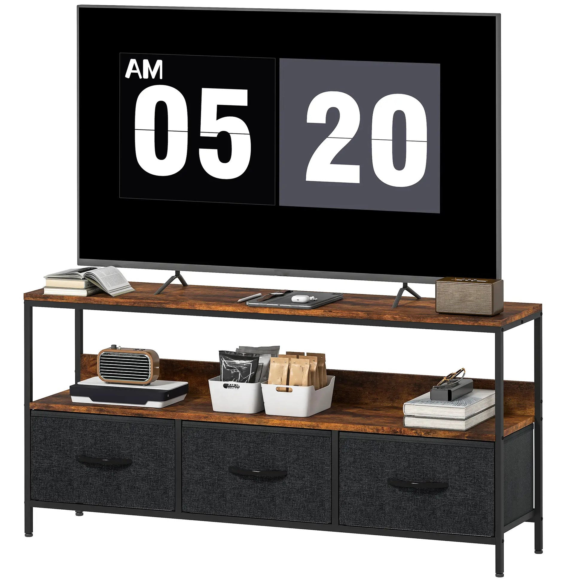 TV Stand with Charging Station, 3 Foldable Drawers, 55 Inch, Rustic Brown TV Stands Rustic Brown, Black at Gallery Canada