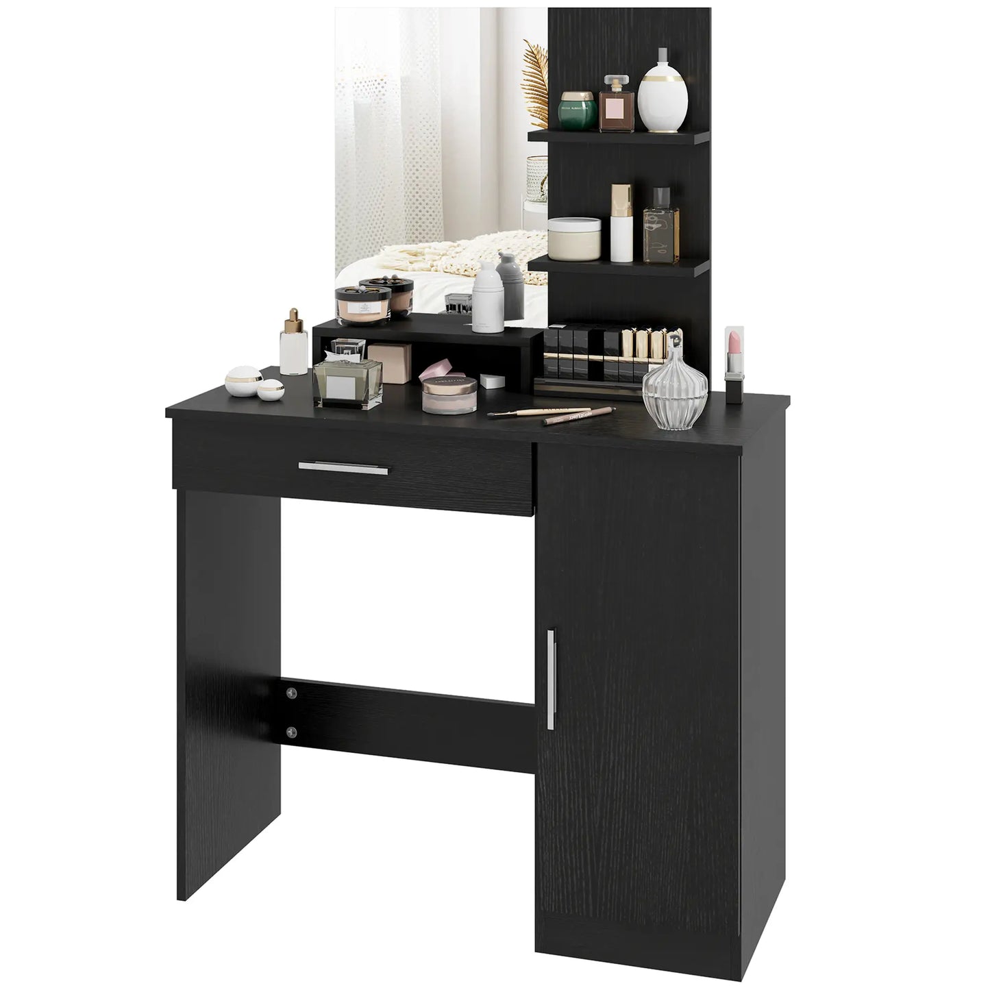 Vanity Desk with Mirror, Drawer, Open Compartment, Shelves, Cabinet Dressing & Vanity Tables Distressed Black at Gallery Canada