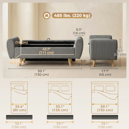 59" Corduroy Storage Ottoman Bench, Dark Grey