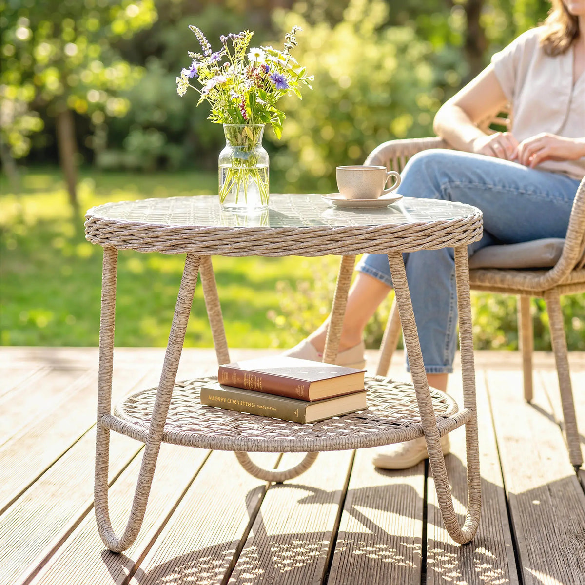 Rattan Outdoor Coffee Table, 2-Tier Small Garden Side Table, Tempered Glass Top Patio Side Tables at Gallery Canada