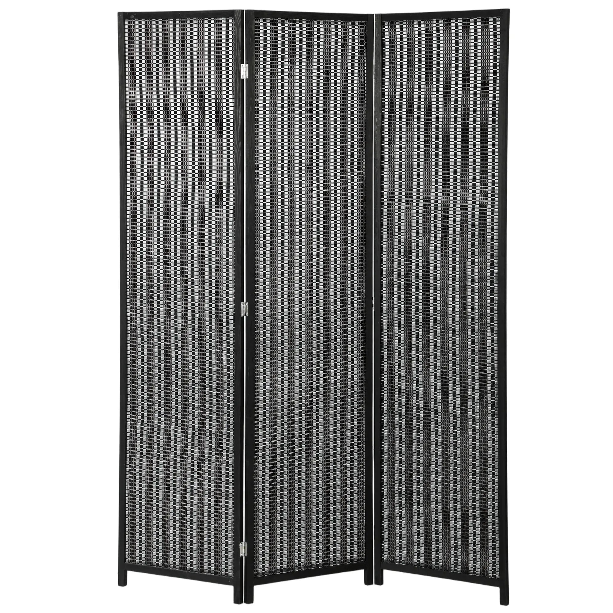3 Panel Folding Privacy Screen, Handwoven Bamboo Pine Wood Frame, Black Room Dividers at Gallery Canada