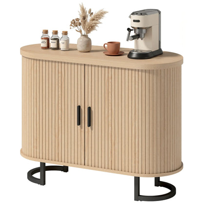 Sideboard Buffet Cabinet, Curved Tambour Doors, Natural Wood