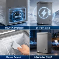 Congélateur coffre 3,5 pi³, thermostat à 7 réglages, panier en fil, gris