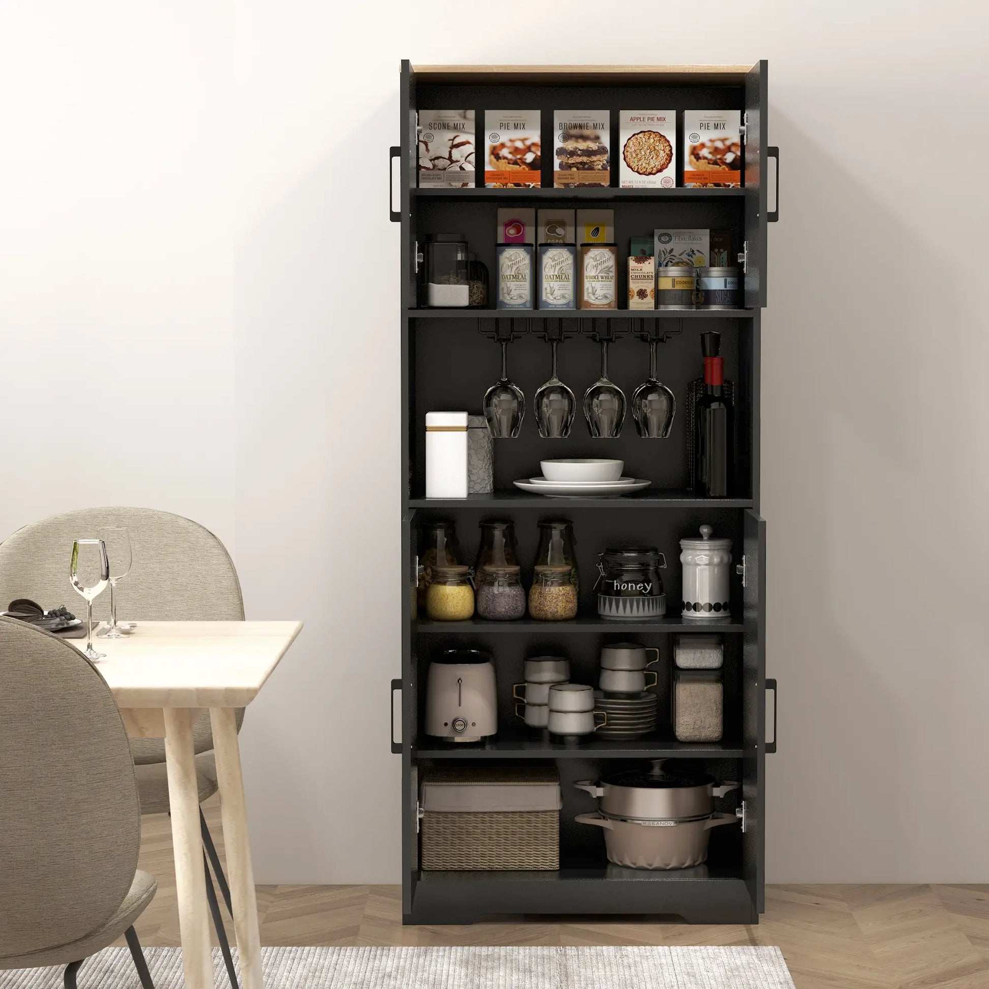 Farmhouse Kitchen Pantry, 68" Freestanding Cabinet, Black Kitchen Pantry Cabinets at Gallery Canada
