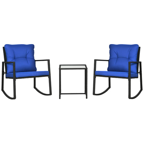 3-Piece Rocking Bistro Set, Outdoor Wicker Patio Furniture, Blue