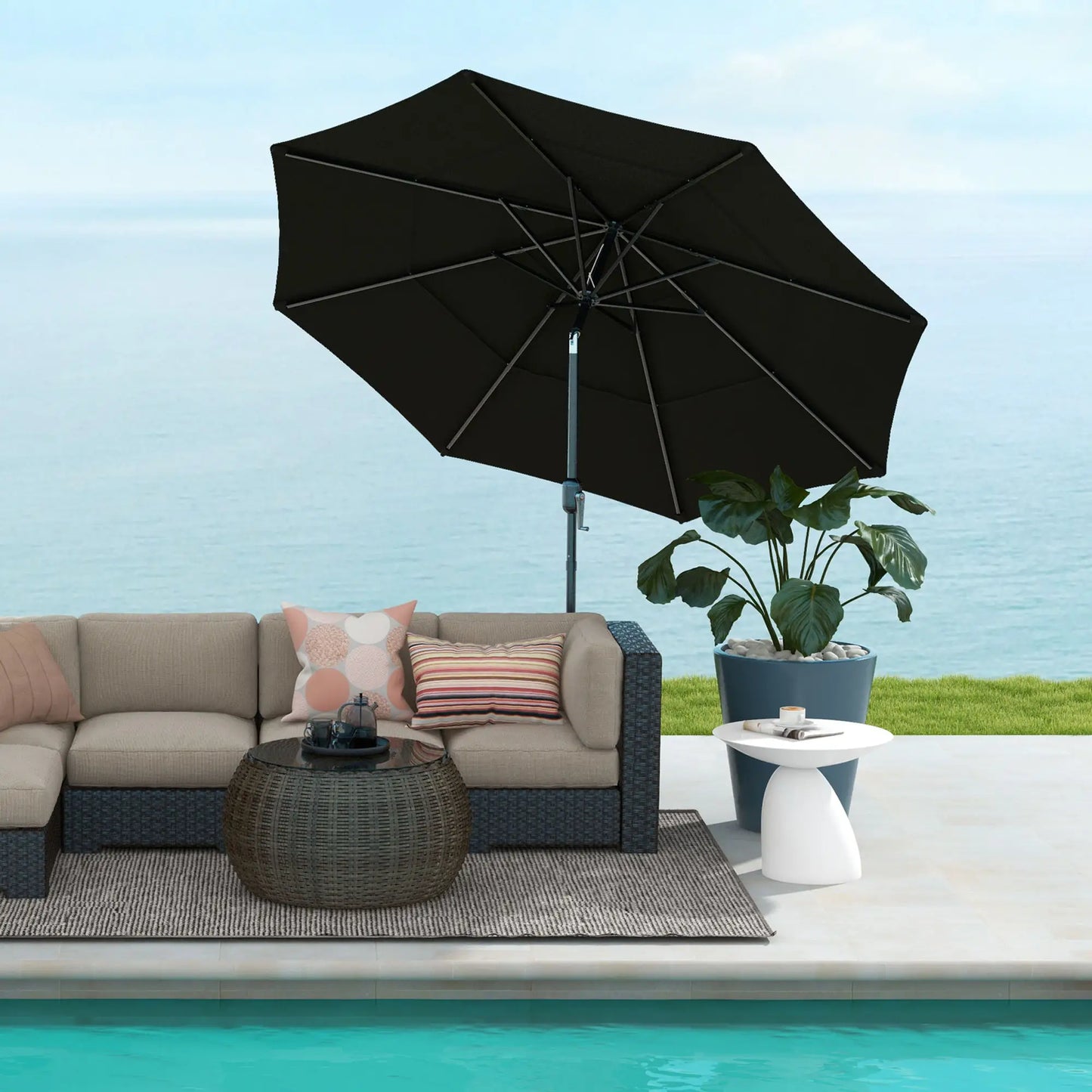 9FT 3-Tier Patio Umbrella, Crank Push Button Tilt, Black Sun Umbrellas at Gallery Canada