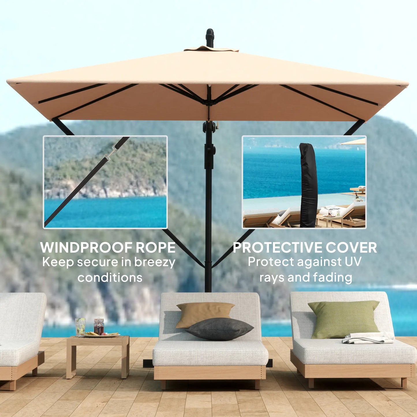 Patio Offset Umbrella, UPF 50+ UV Protection, Crank Parasol With Base, Khaki Offset Cantilever Umbrellas at Gallery Canada