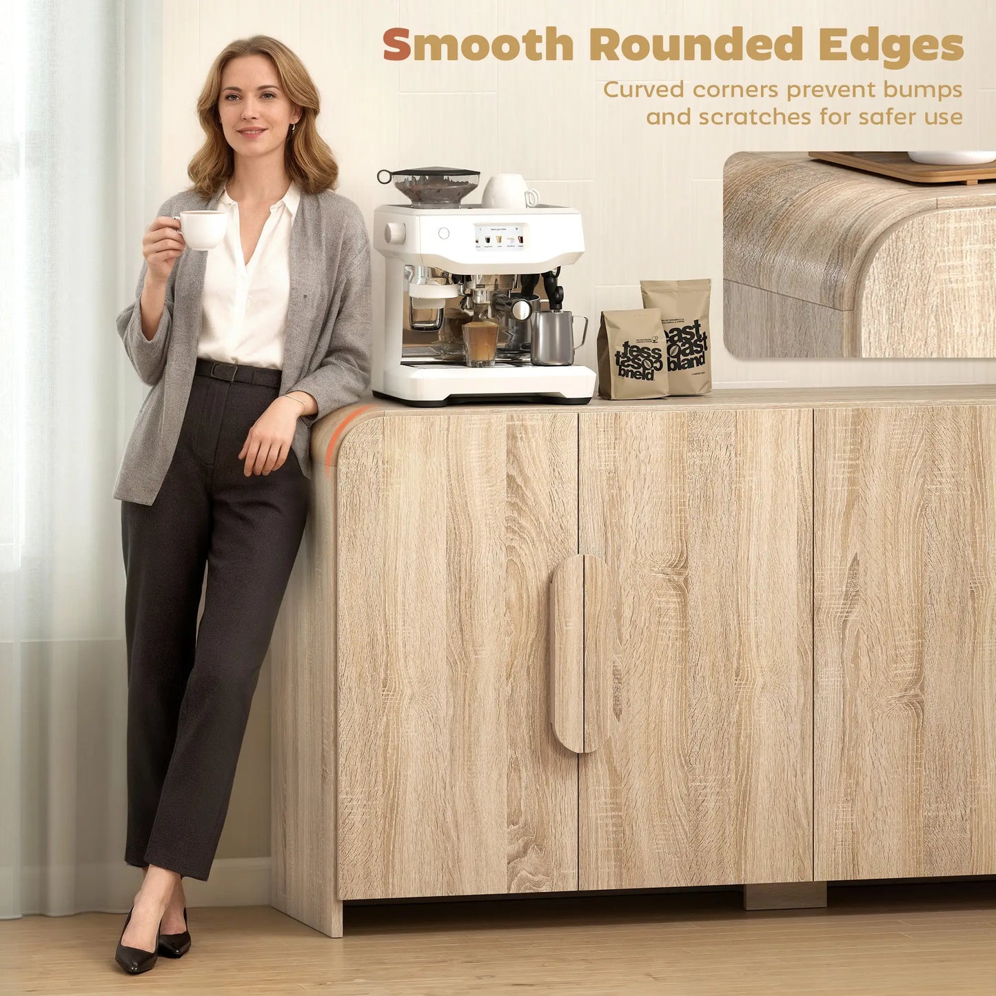 62" Sideboard Buffet Cabinet, Modern Kitchen Storage, Natural Wood Storage Cabinets at Gallery Canada